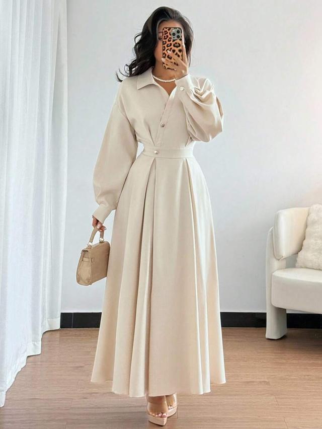 elegant white long sleeve turndown collar flared dress
