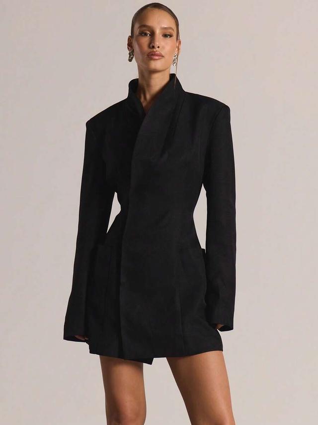 black tailored cinched waist long sleeve blazer dress