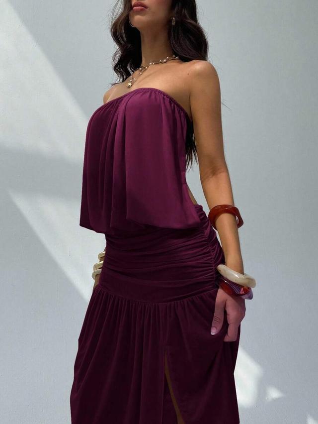 burgundy strapless ruched midi dress