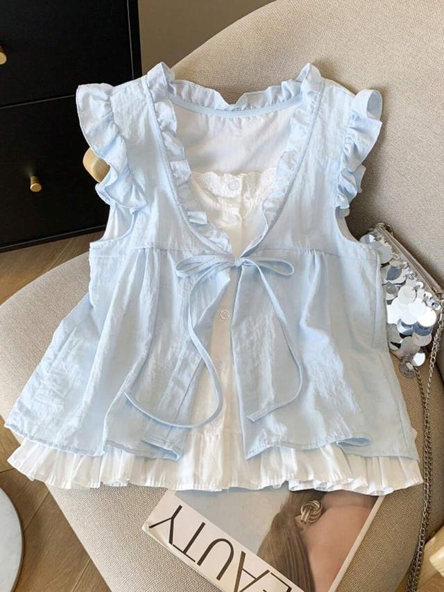 women's frill trim front tie loose sleeveless blouse