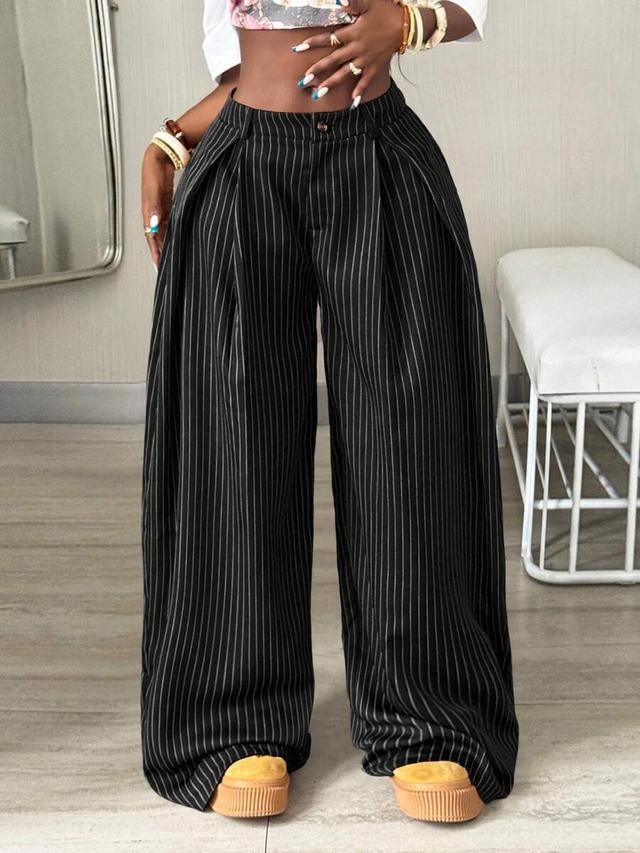 striped black wide leg pleated trousers
