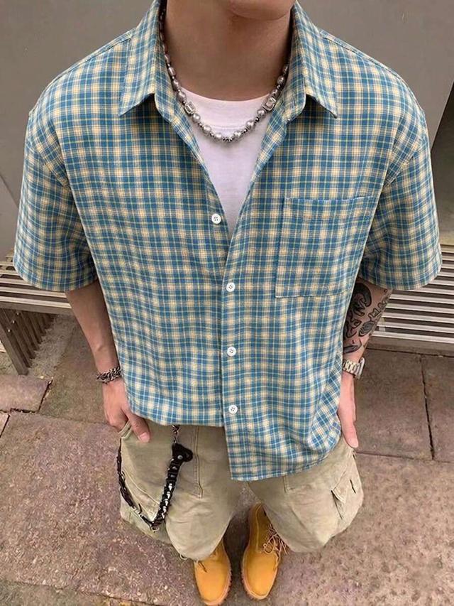 blue plaid short sleeve casual cotton shirt