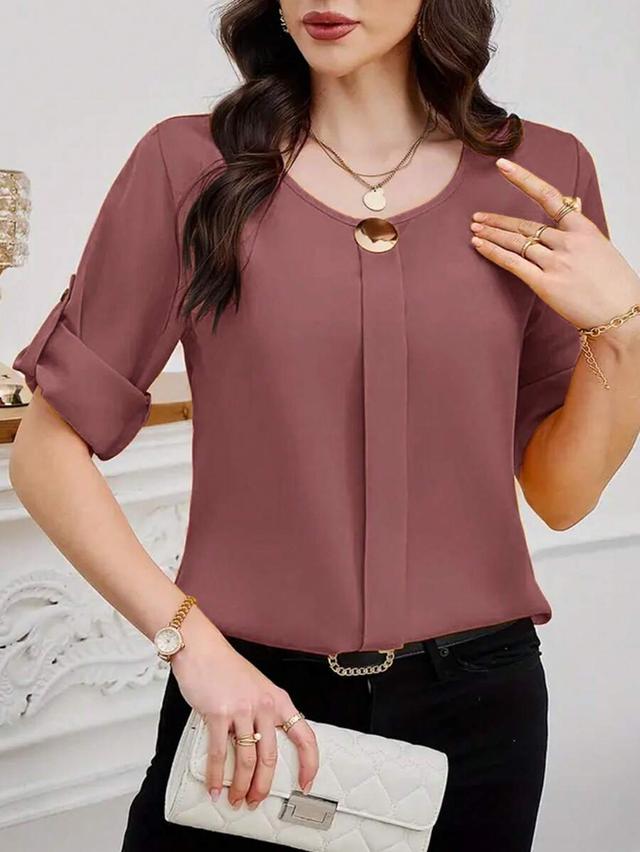 plain round neck short sleeve button front blouse