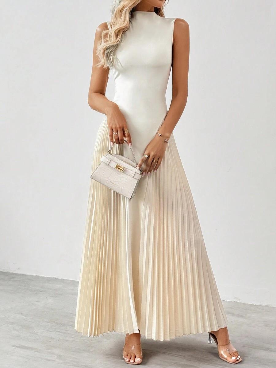 elegant sleeveless pleated a-line midi dress