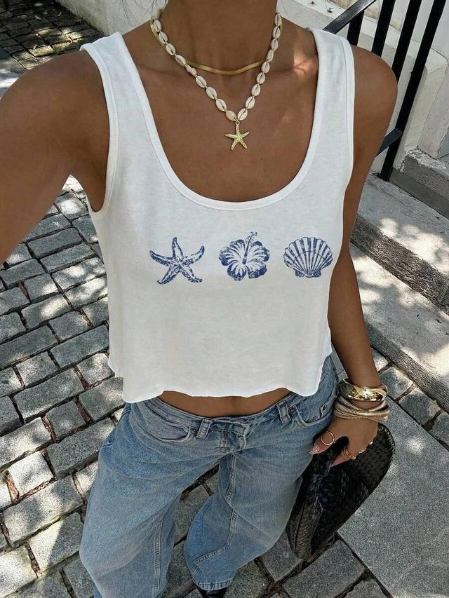 white floral and shell print cropped tank top