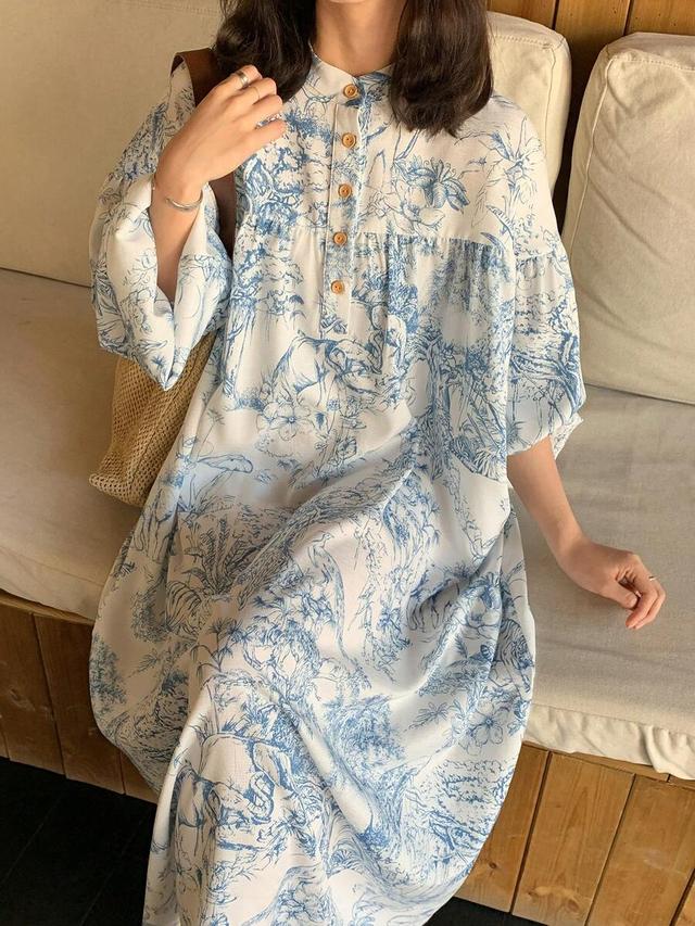 blue toile print loose casual long dress