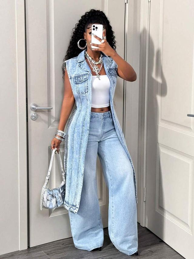washed denim longline vest with side slits