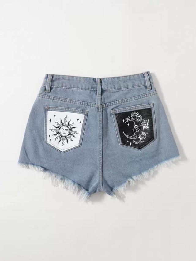 comfortcana sun and moon print denim shorts