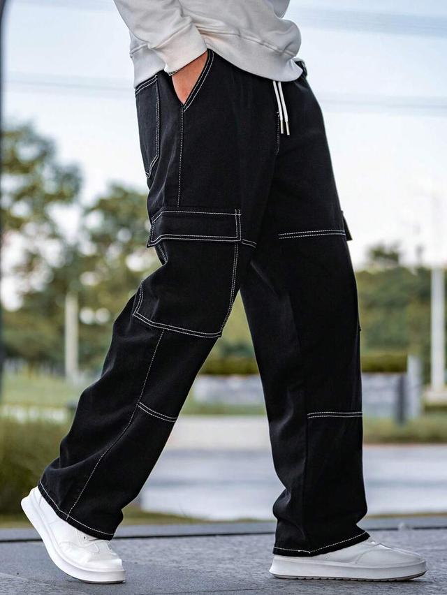 black loose top stitched drawstring cargo jeans