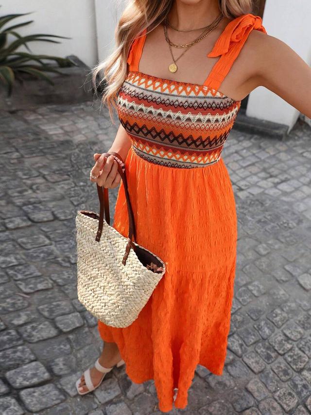 orange crochet patchwork a-line summer midi dress