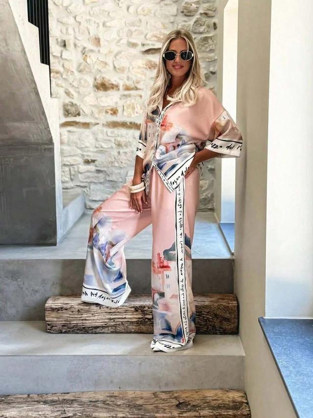 artistic print button-up shirt and wide-leg trousers set
