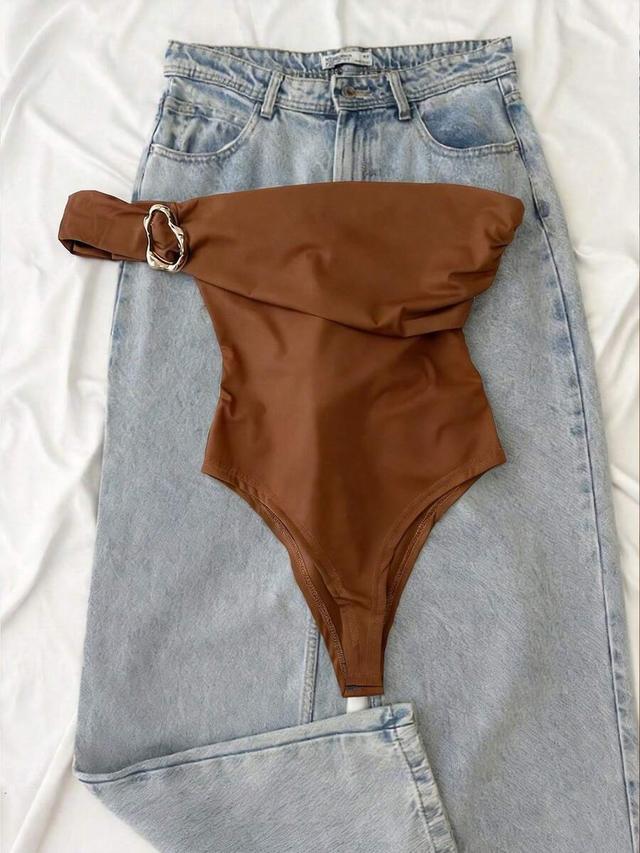 brown one-shoulder bandeau bodysuit with metal ring