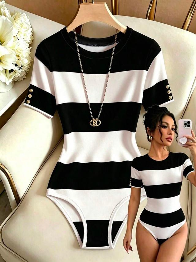 black and white striped round neck short-sleeved bodysuit