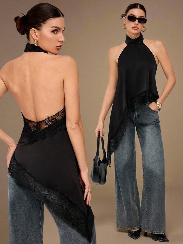 black satin halter camisole with lace trim