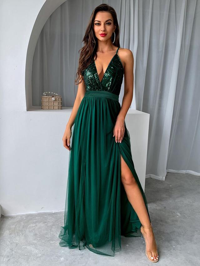emerald green sequin bodice backless mesh evening gown