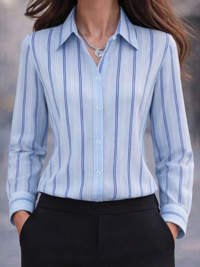 women's minimalist light blue striped lapel blouse