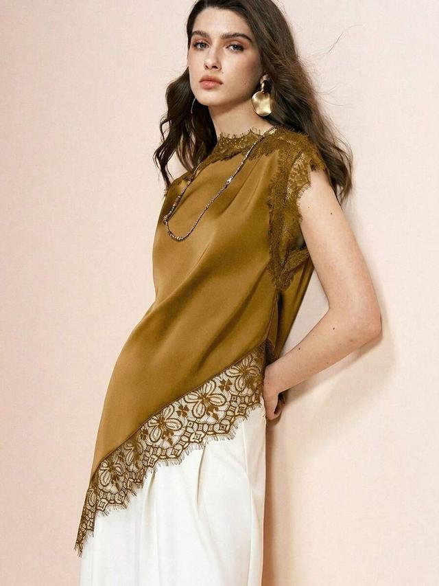 mustard satin lace trim asymmetric sleeveless blouse