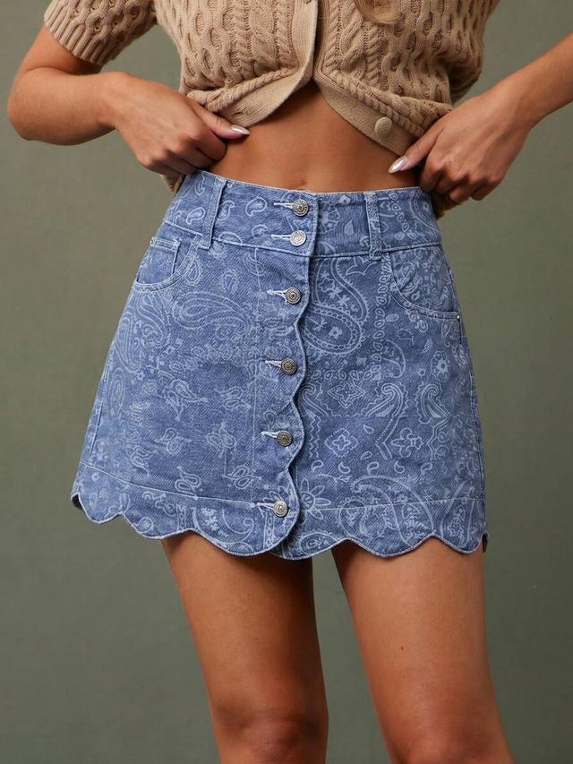 paisley bandana print high waist scalloped denim mini skirt