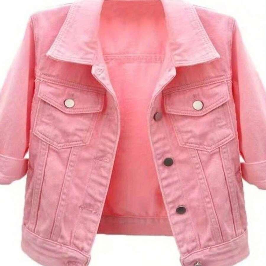 pink short sleeve solid pink denim jacket