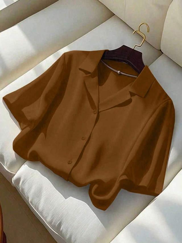 brown solid color turndown collar short sleeve shirt