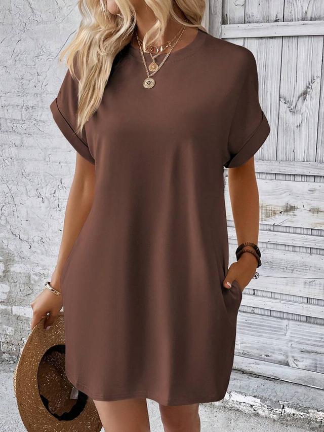 brown casual shift dress with rolled sleeves