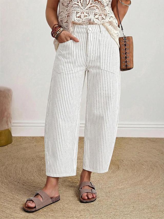 white striped cotton tapered loose fit jeans