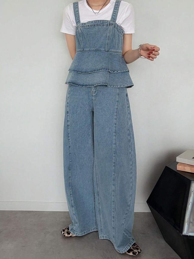 ruffle hem denim camisole and wide leg pants set