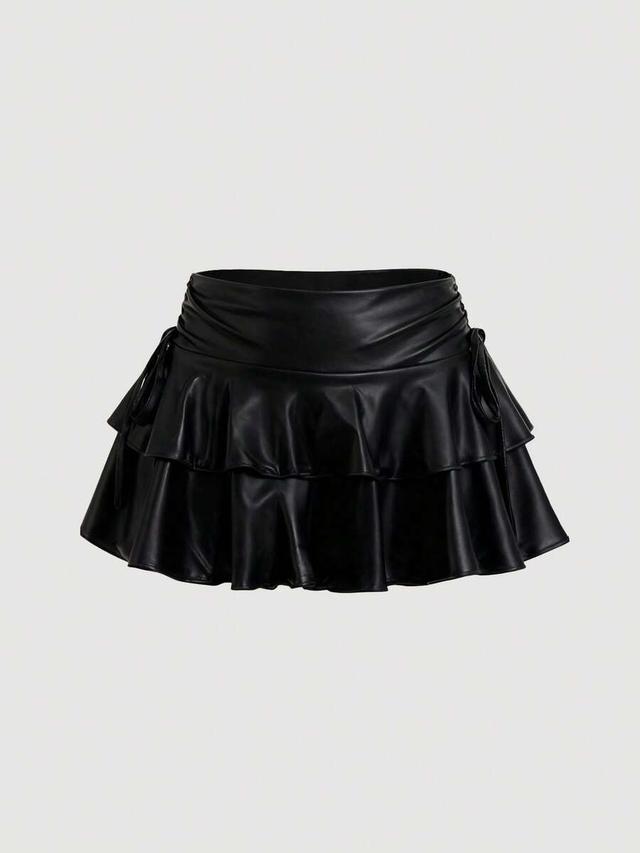 black faux leather ruffled mini cake skirt