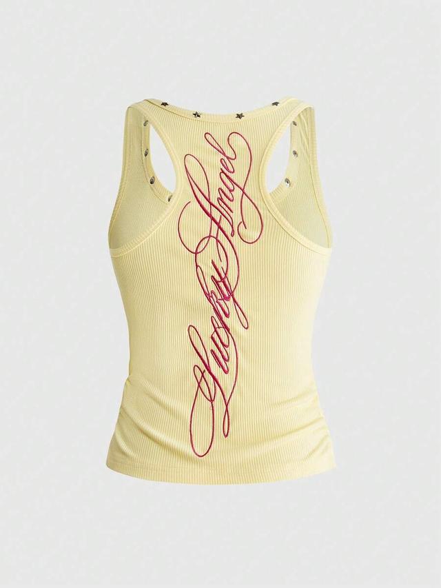 yellow ribbed tank top with star studs and embroidery