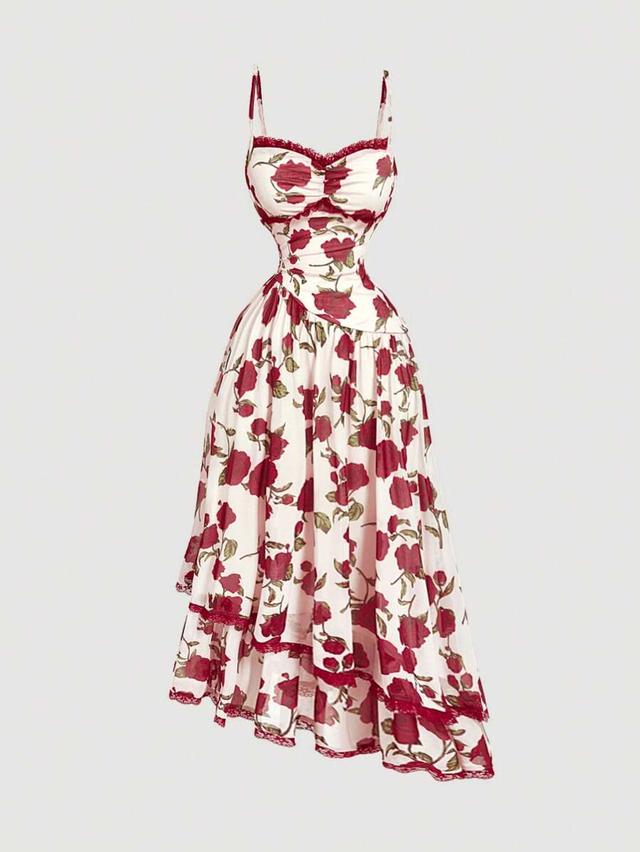 beige floral rose print asymmetrical ruffle slip dress