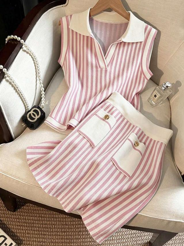 pink and white striped sleeveless knit polo top