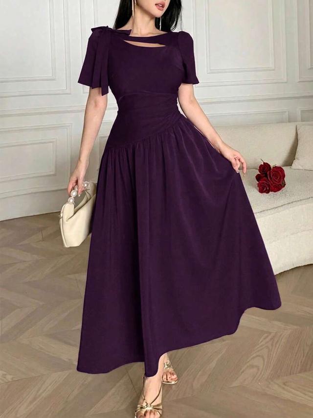 feyla deep purple hollow collar tie-waist pleated dress