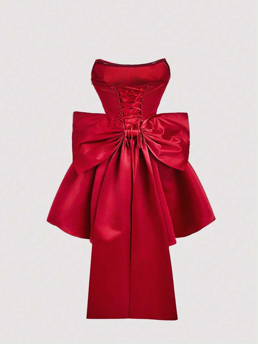 red satin mini corset dress with bow detail