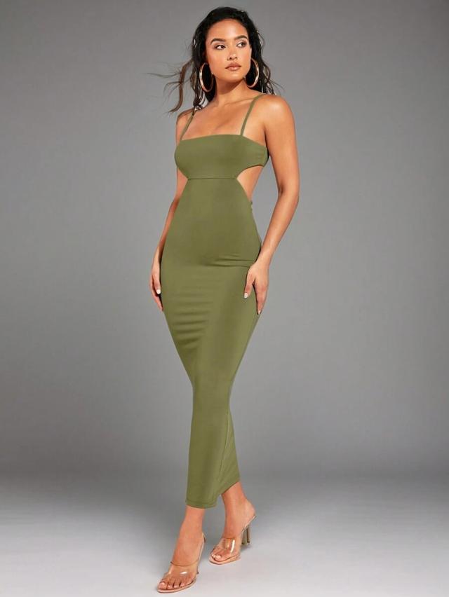 silquee solid olive cut out open back cami bodycon dress
