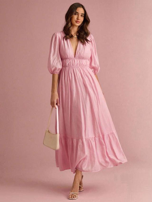 soft pink v-neck lantern sleeve long dress