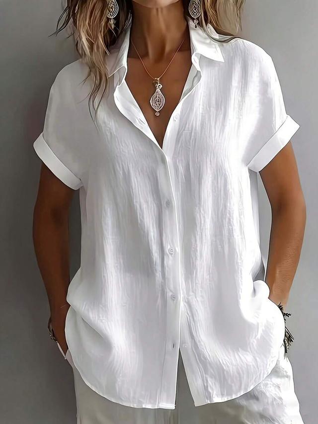 women's short sleeve white textured casual blouse