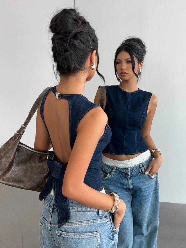 dark wash denim sleeveless backless tie-back crop top