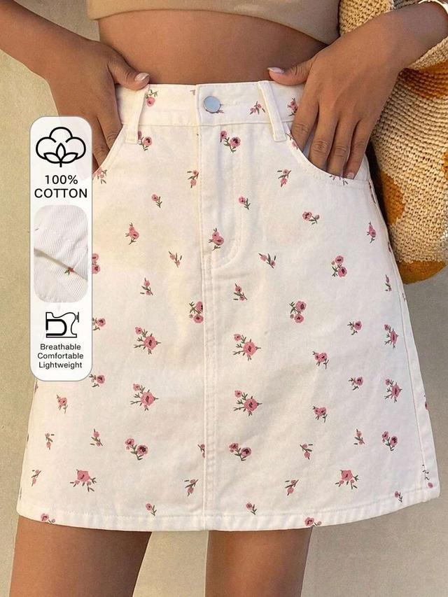 white floral print cotton denim straight skirt