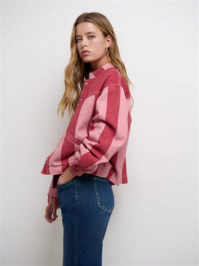 striped pink and red cotton denim bomber jacket