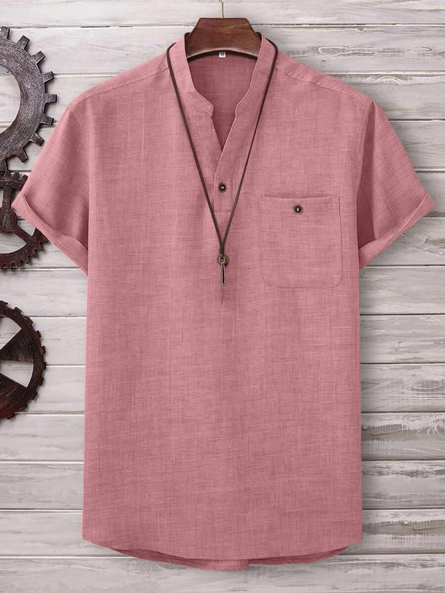 pink linen blend notched neck short sleeve shirt