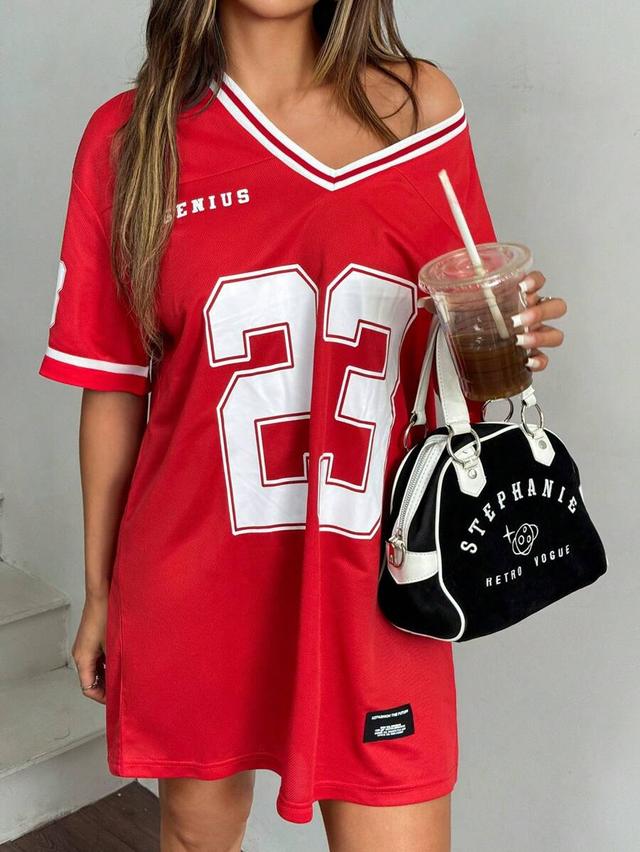 red v-neck graphic sports t-shirt dress