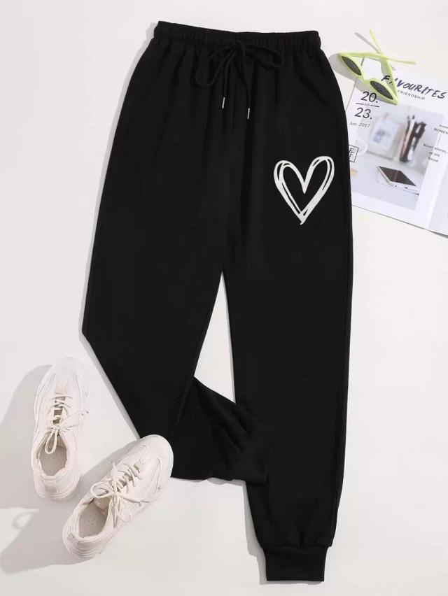 black heart print drawstring waist sweatpants