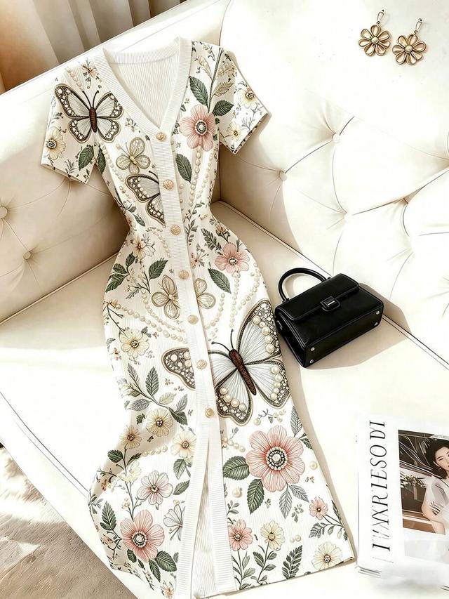 floral butterfly print ribbed knit button-down midi dress