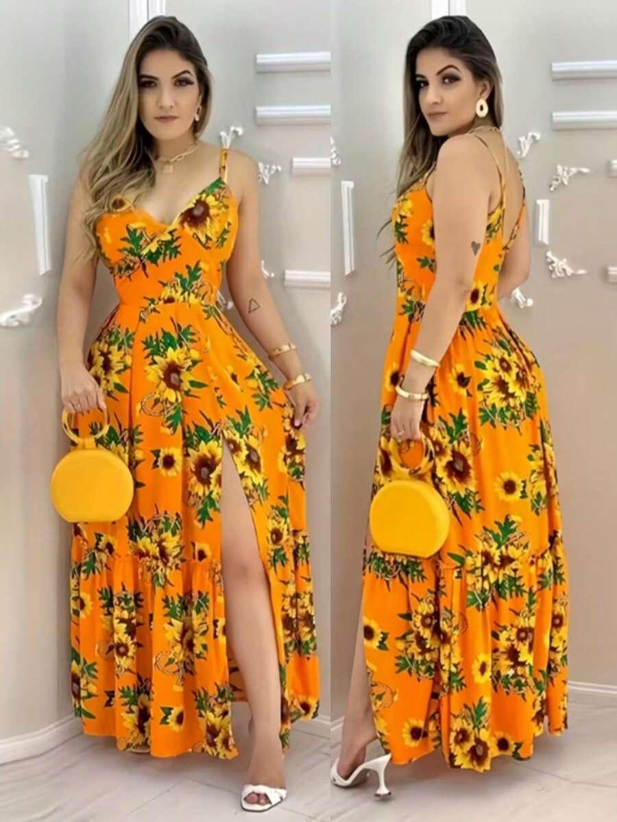 maxi length all-over floral print bohemian beach dress