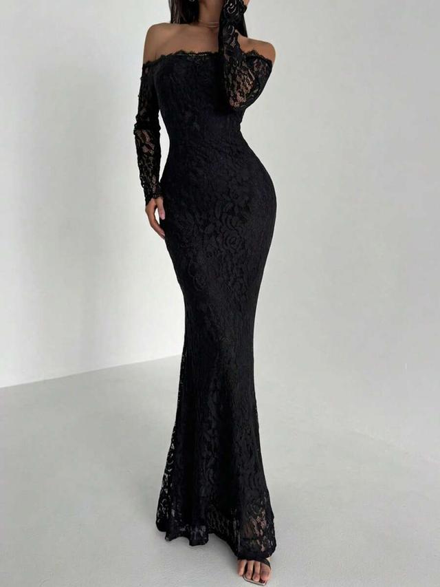 black lace off shoulder long sleeve mermaid dress