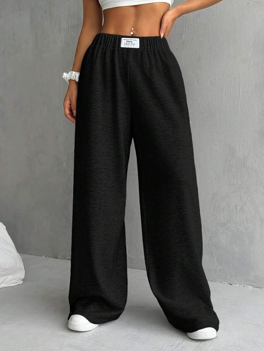 black casual wide-leg sweatpants with patch
