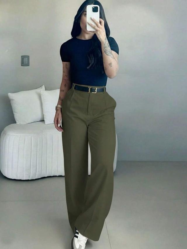 women's high waist slim fit wide leg pants in military