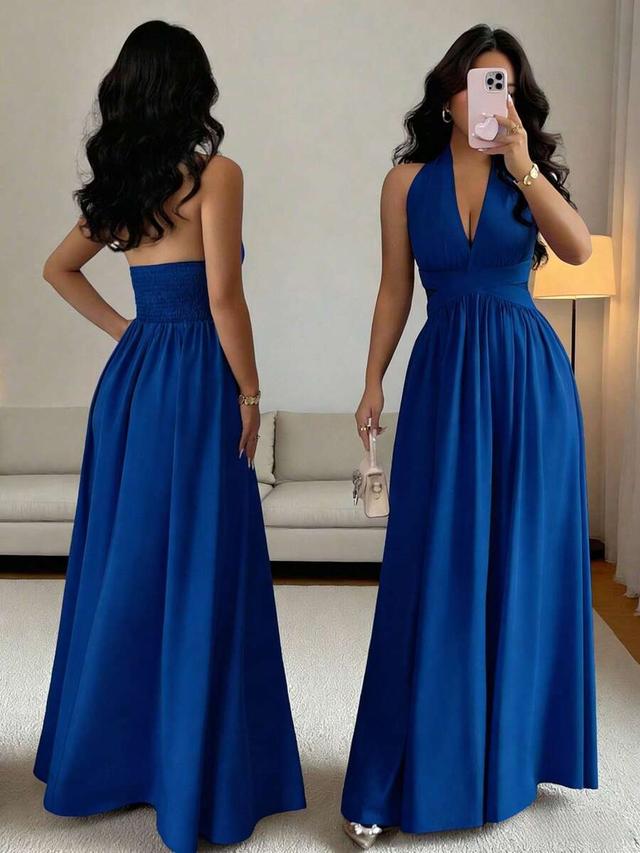 elegant sleeveless v-neck pleated waist hollow dress