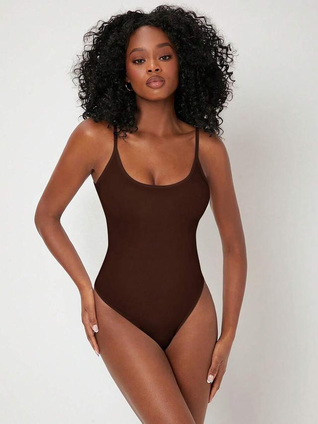 brown minimalist solid color sleeveless bodysuit