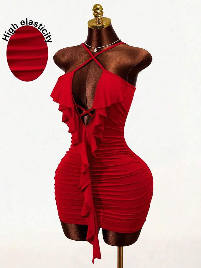red pleated halter neck bodycon mini dress